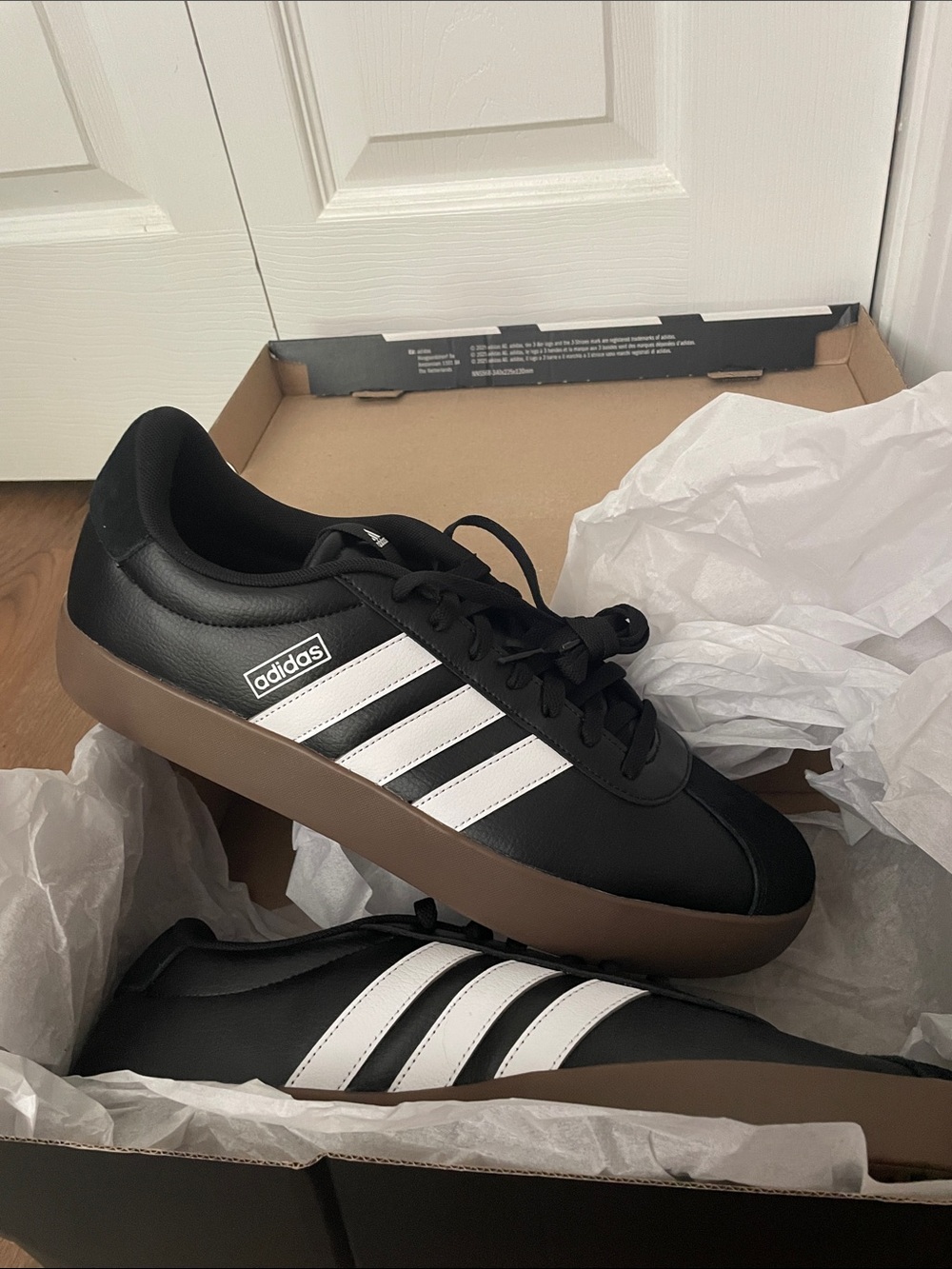 NIB Adidas VL court 3.0. Men’s size 13. Mocha gum soles. Black/white 3 stripe